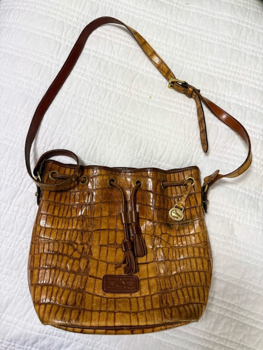 Vintage 90s Dooney & Bourke Brown Faux Crocodile Embossed Drawstring Bucket Bag